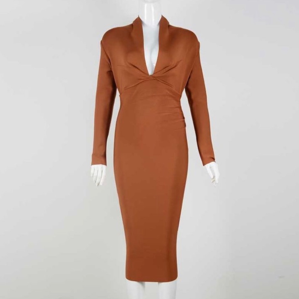 Brown long sleeve cross wrap bodycon bandage midi dress